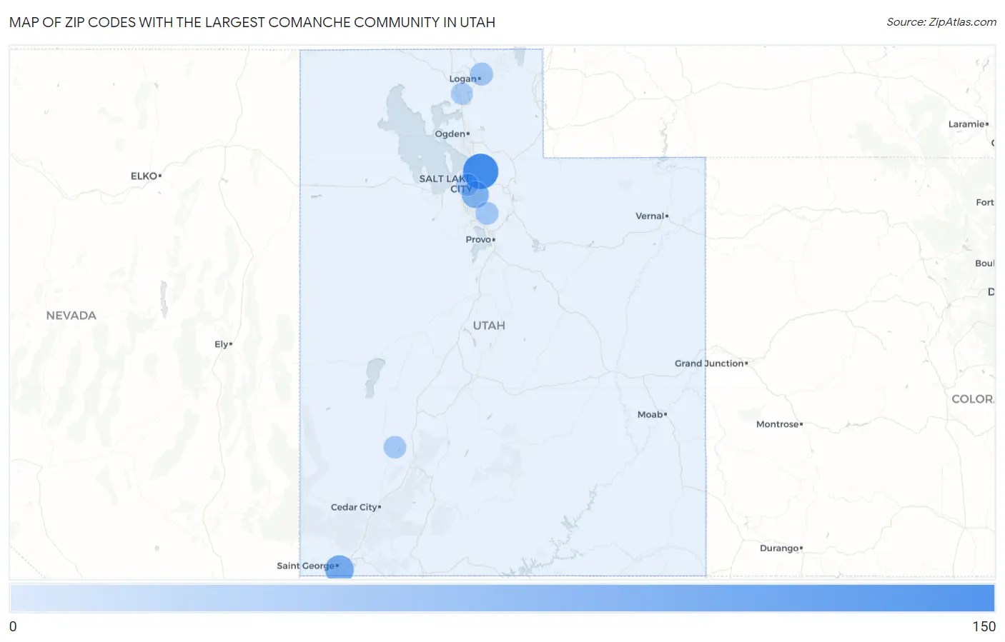 Zip Codes with the Largest Comanche Community in Utah Map