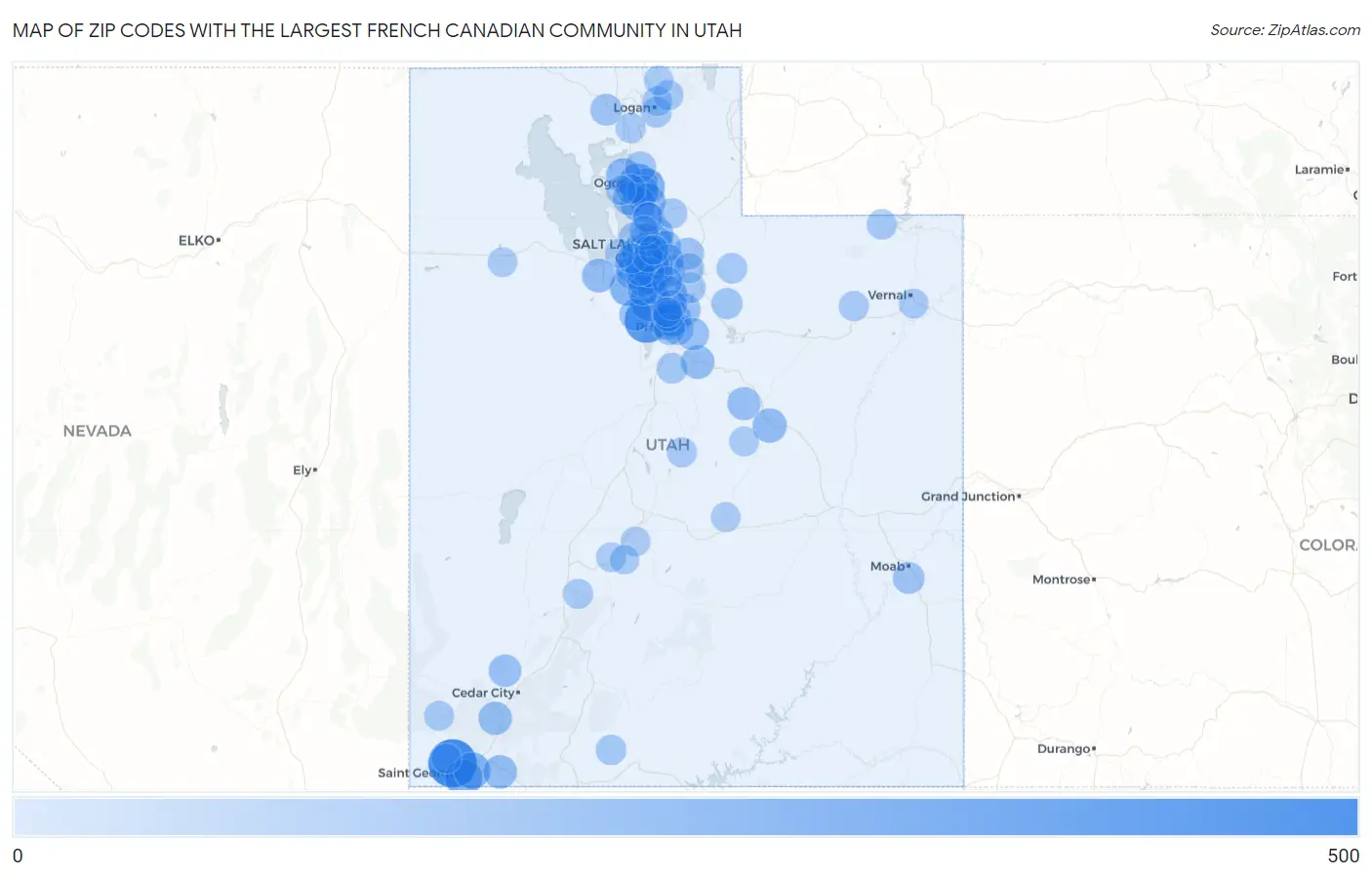 Zip Codes with the Largest French Canadian Community in Utah Map