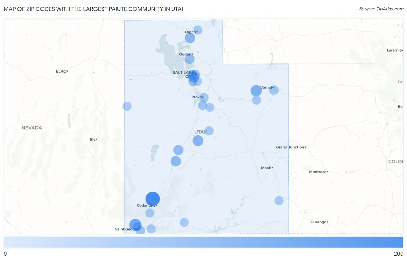 Zip Codes with the Largest Paiute Community in Utah Map