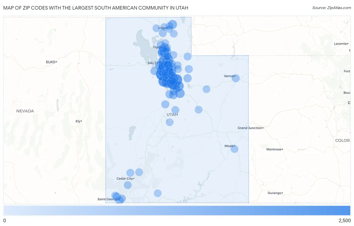 Zip Codes with the Largest South American Community in Utah Map