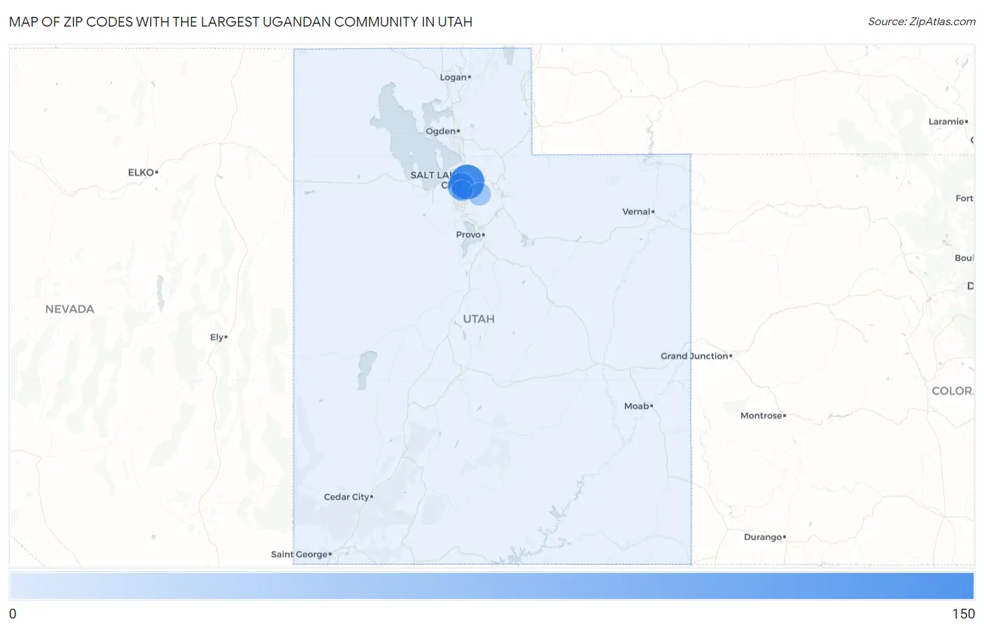 Zip Codes with the Largest Ugandan Community in Utah Map