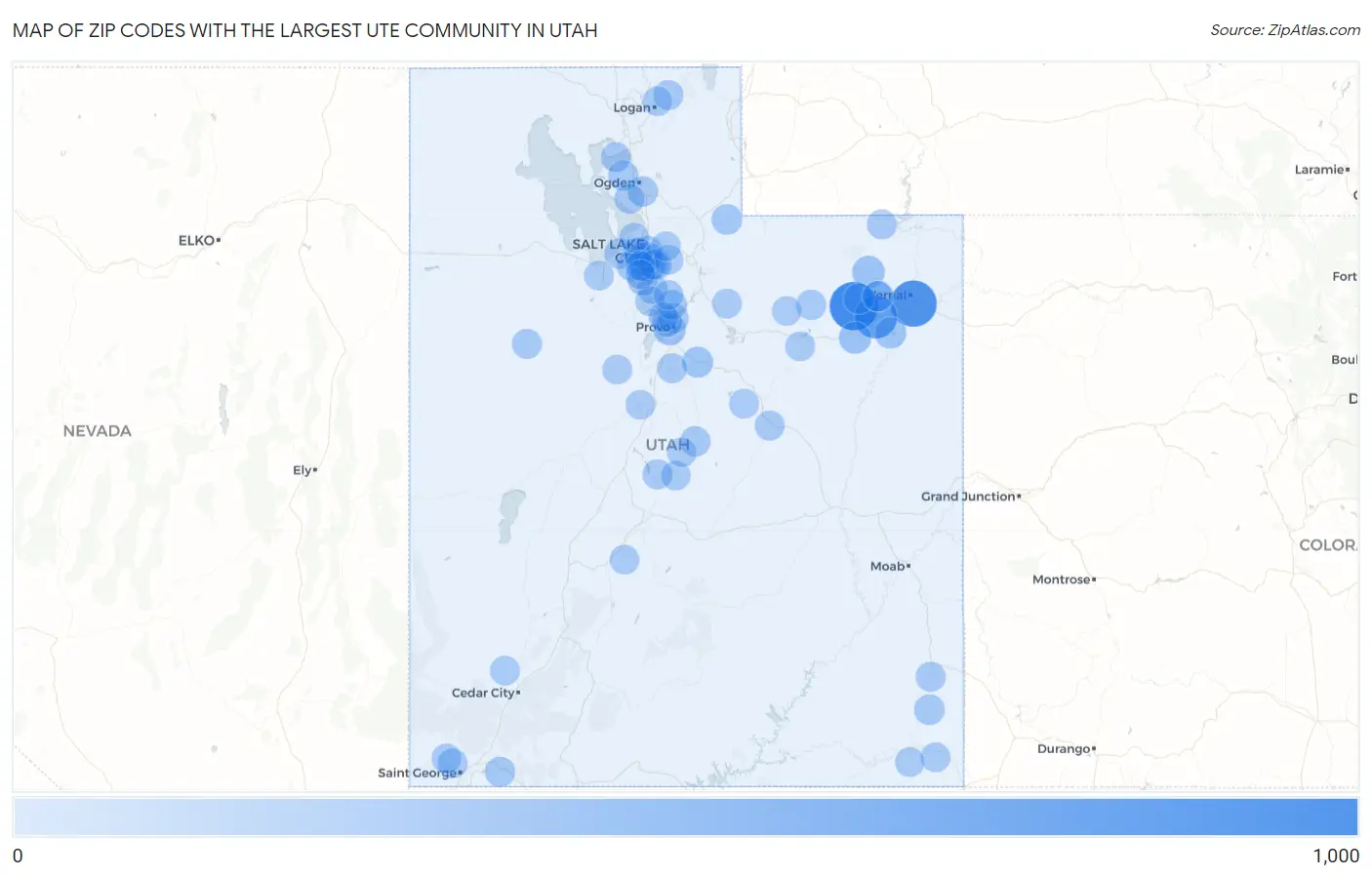 Zip Codes with the Largest Ute Community in Utah Map