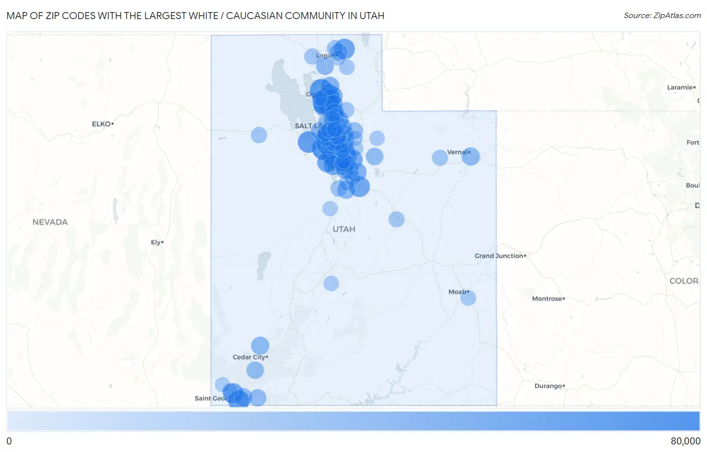Zip Codes with the Largest White / Caucasian Community in Utah Map