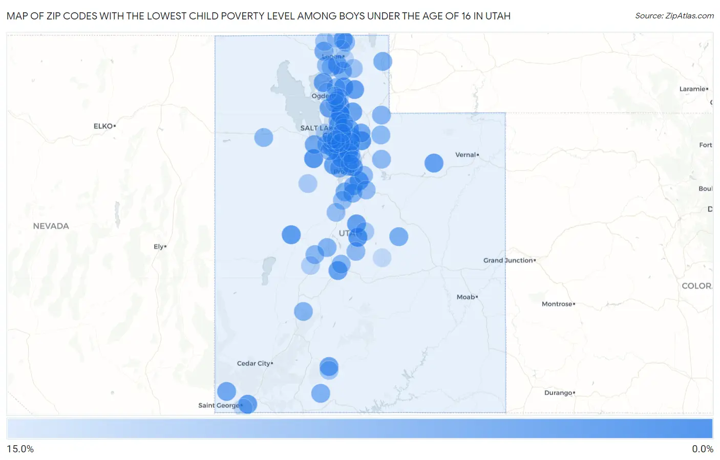 Zip Codes with the Lowest Child Poverty Level Among Boys Under the Age of 16 in Utah Map