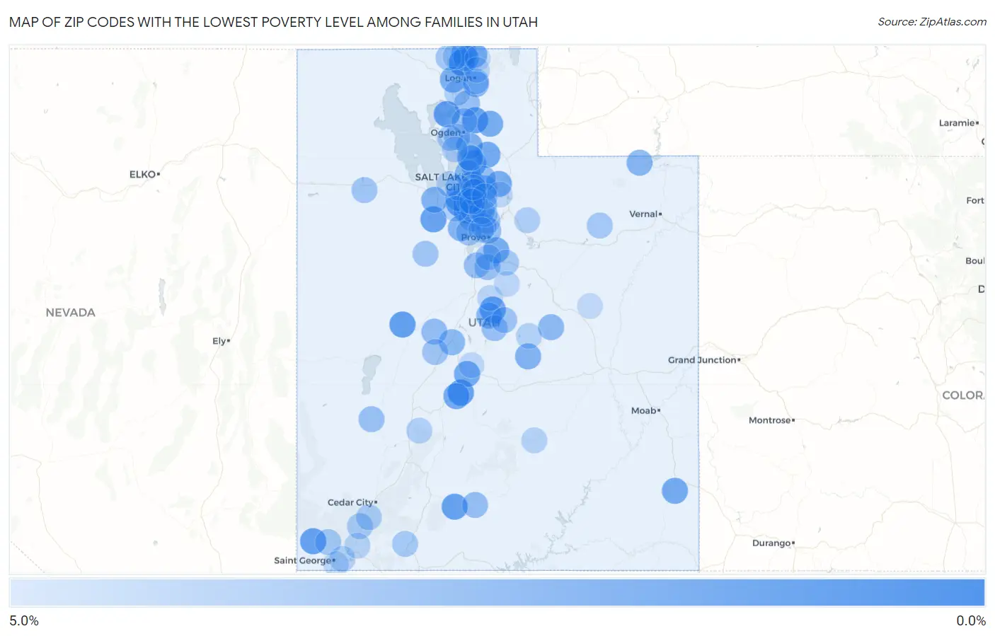 Zip Codes with the Lowest Poverty Level Among Families in Utah Map