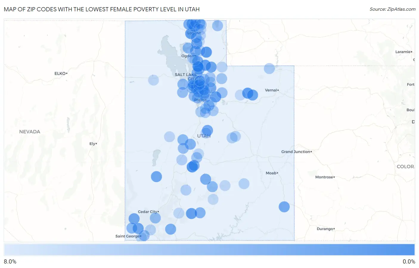 Zip Codes with the Lowest Female Poverty Level in Utah Map