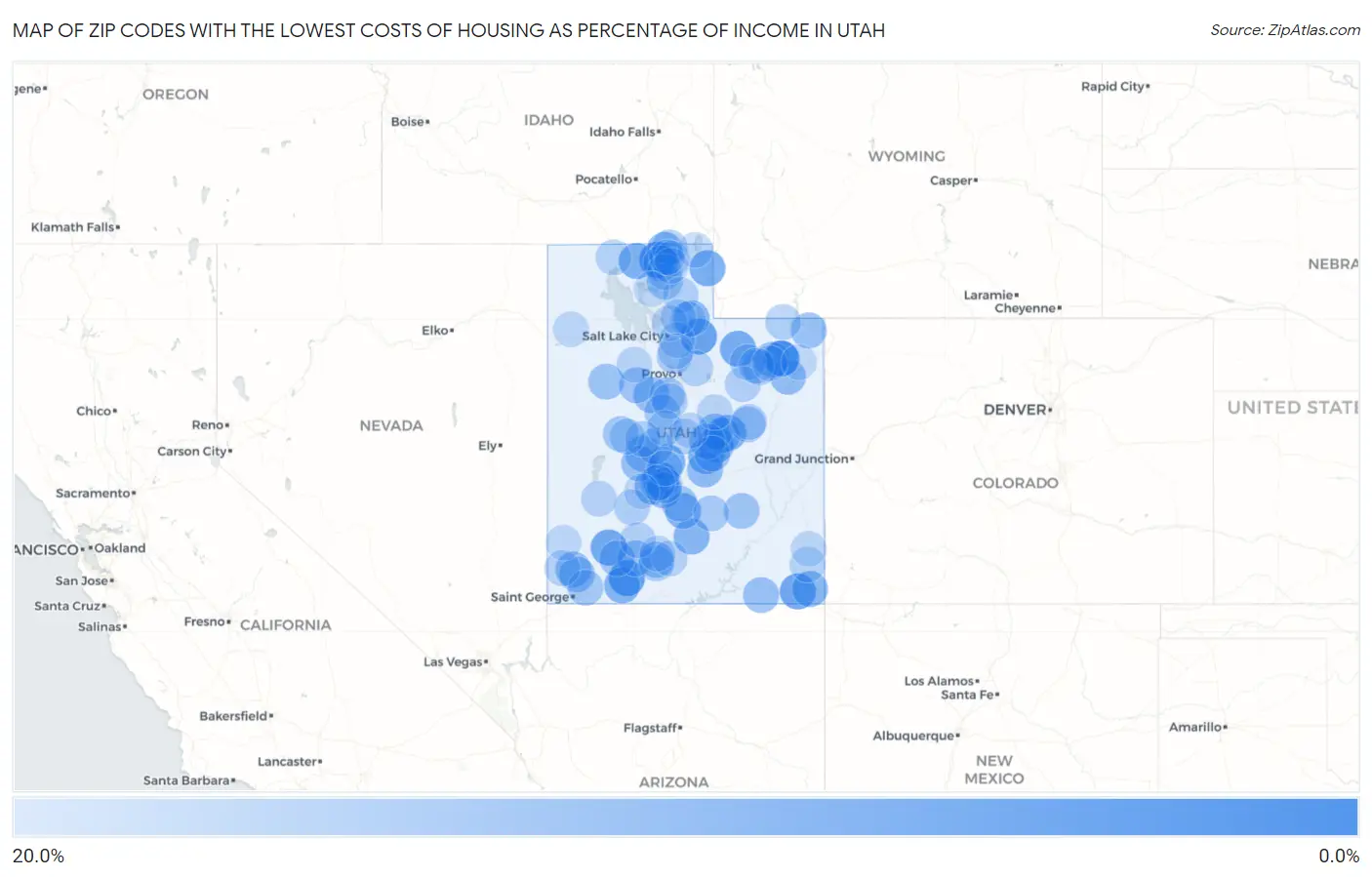 Zip Codes with the Lowest Costs of Housing as Percentage of Income in Utah Map