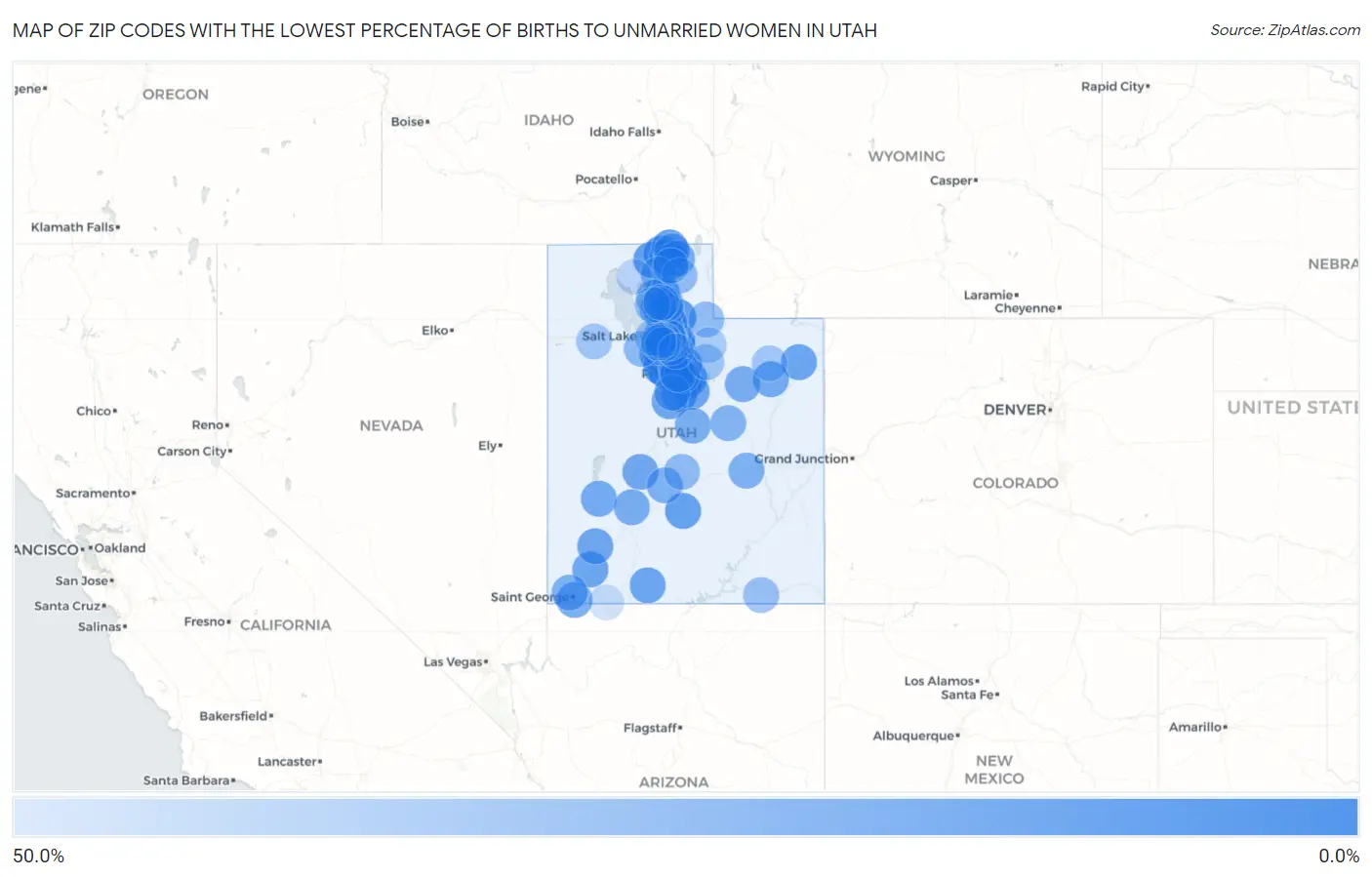 Zip Codes with the Lowest Percentage of Births to Unmarried Women in Utah Map