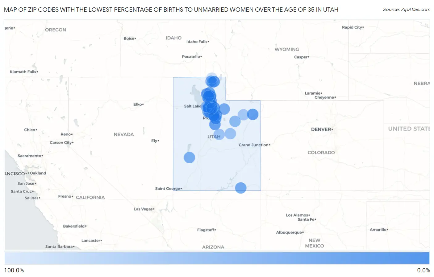Zip Codes with the Lowest Percentage of Births to Unmarried Women over the Age of 35 in Utah Map