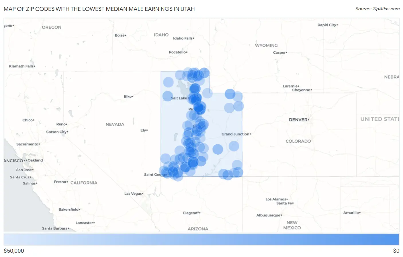 Zip Codes with the Lowest Median Male Earnings in Utah Map