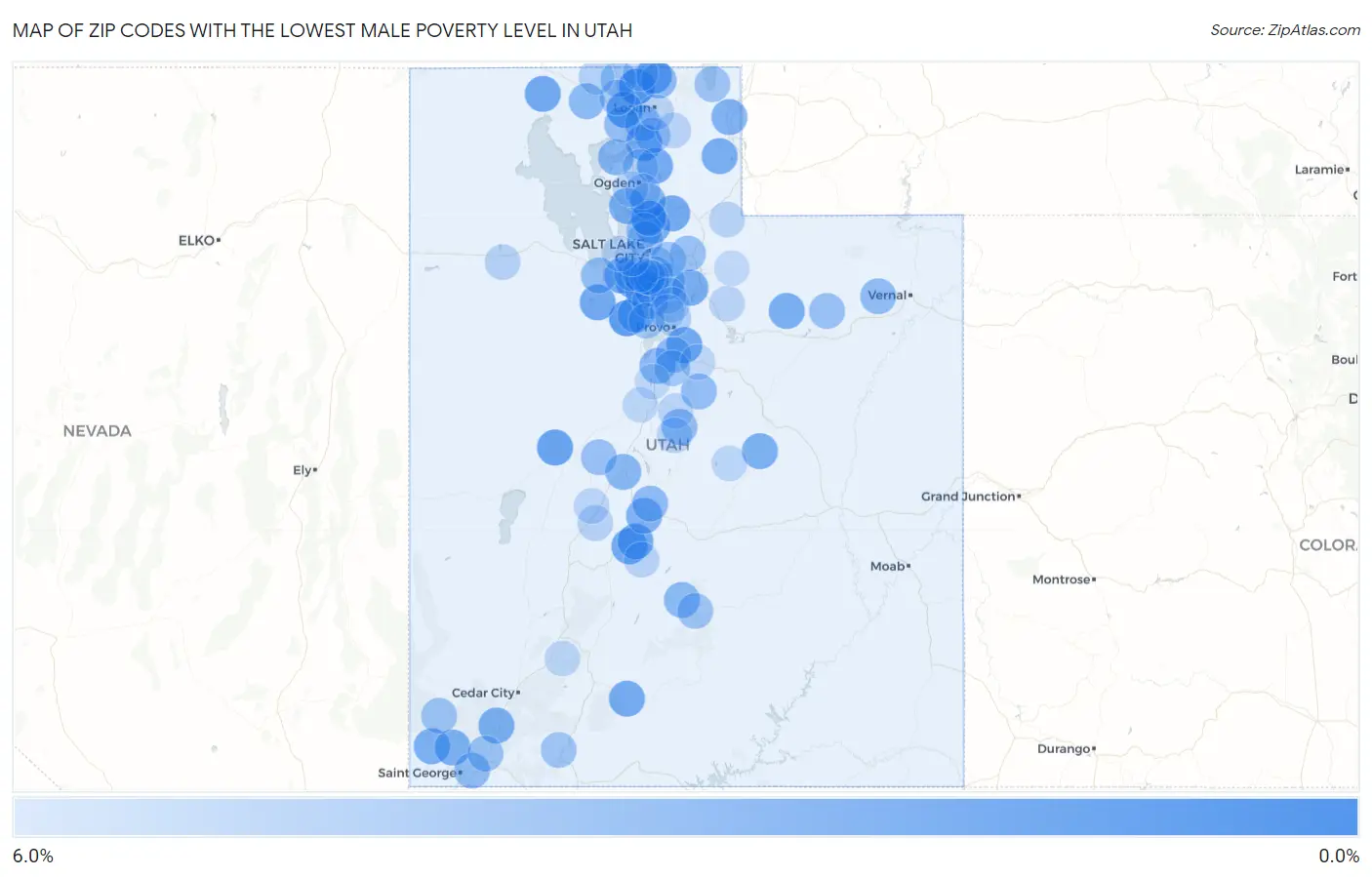 Zip Codes with the Lowest Male Poverty Level in Utah Map