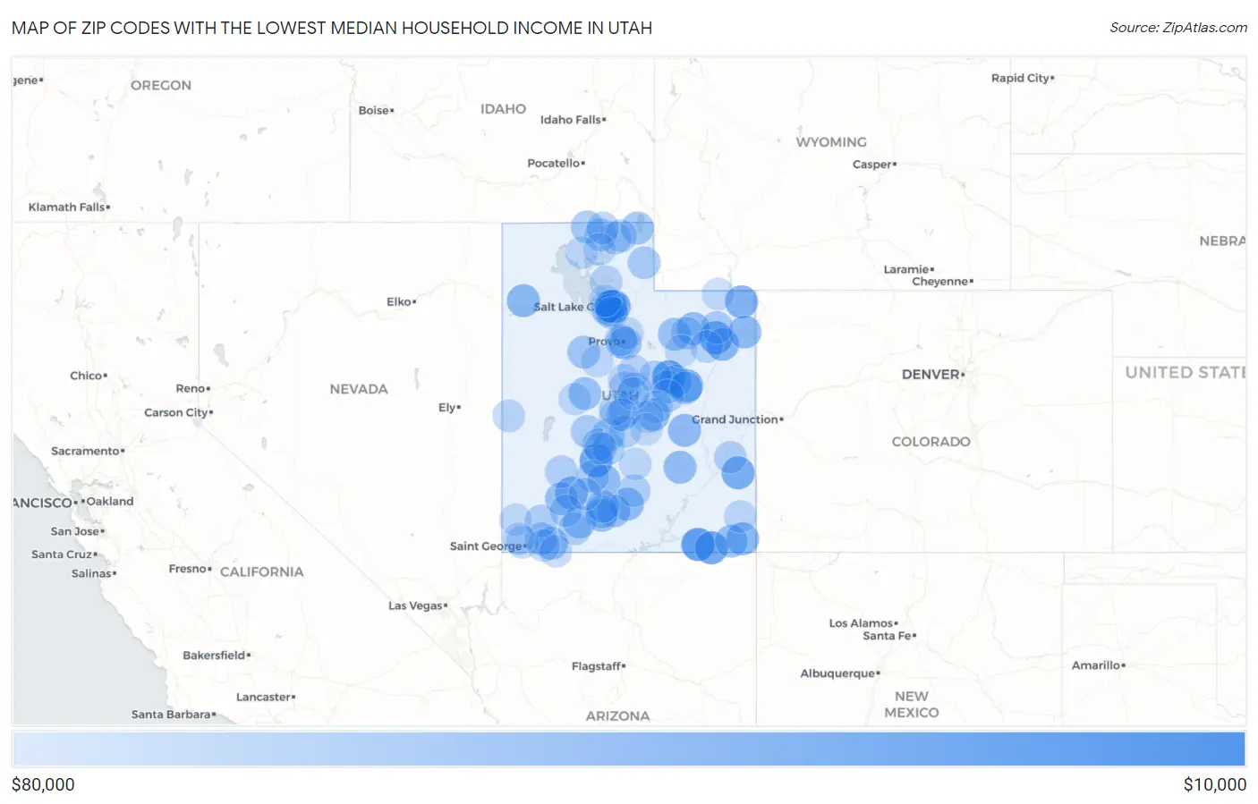 Zip Codes with the Lowest Median Household Income in Utah Map