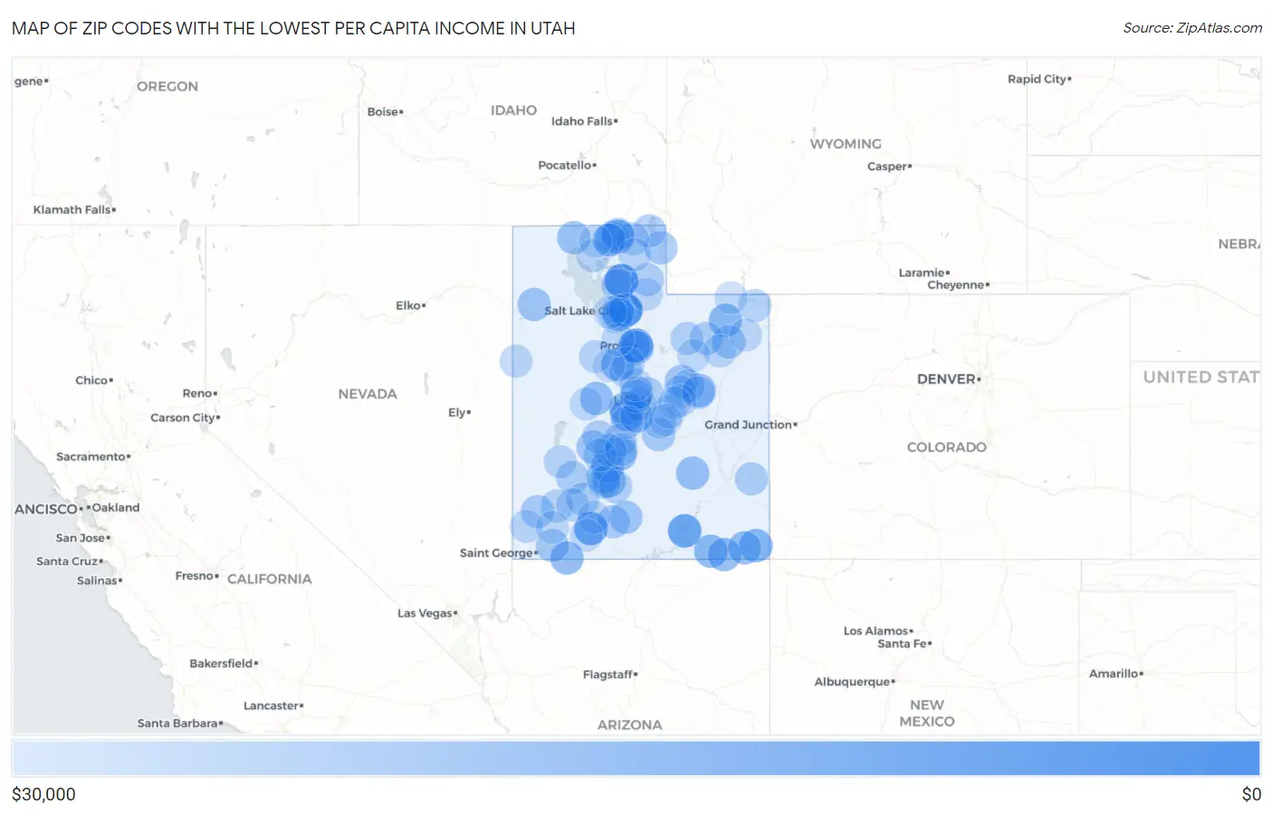 Zip Codes with the Lowest Per Capita Income in Utah Map