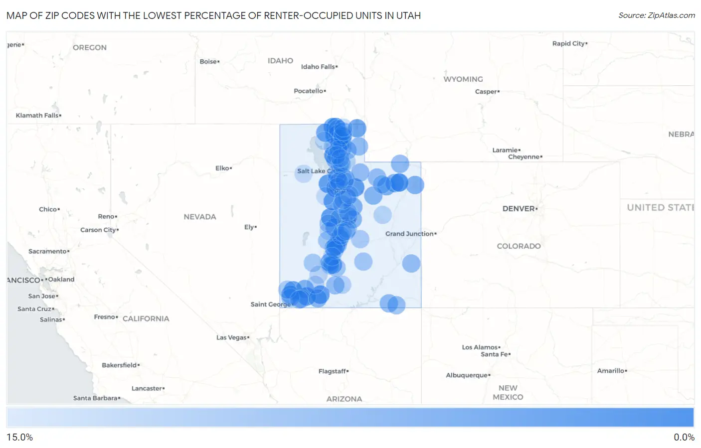 Zip Codes with the Lowest Percentage of Renter-Occupied Units in Utah Map