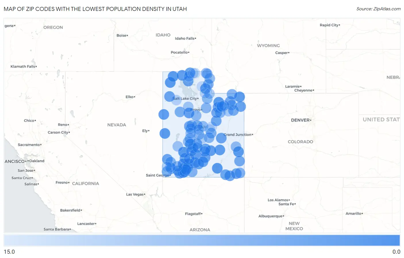 Zip Codes with the Lowest Population Density in Utah Map