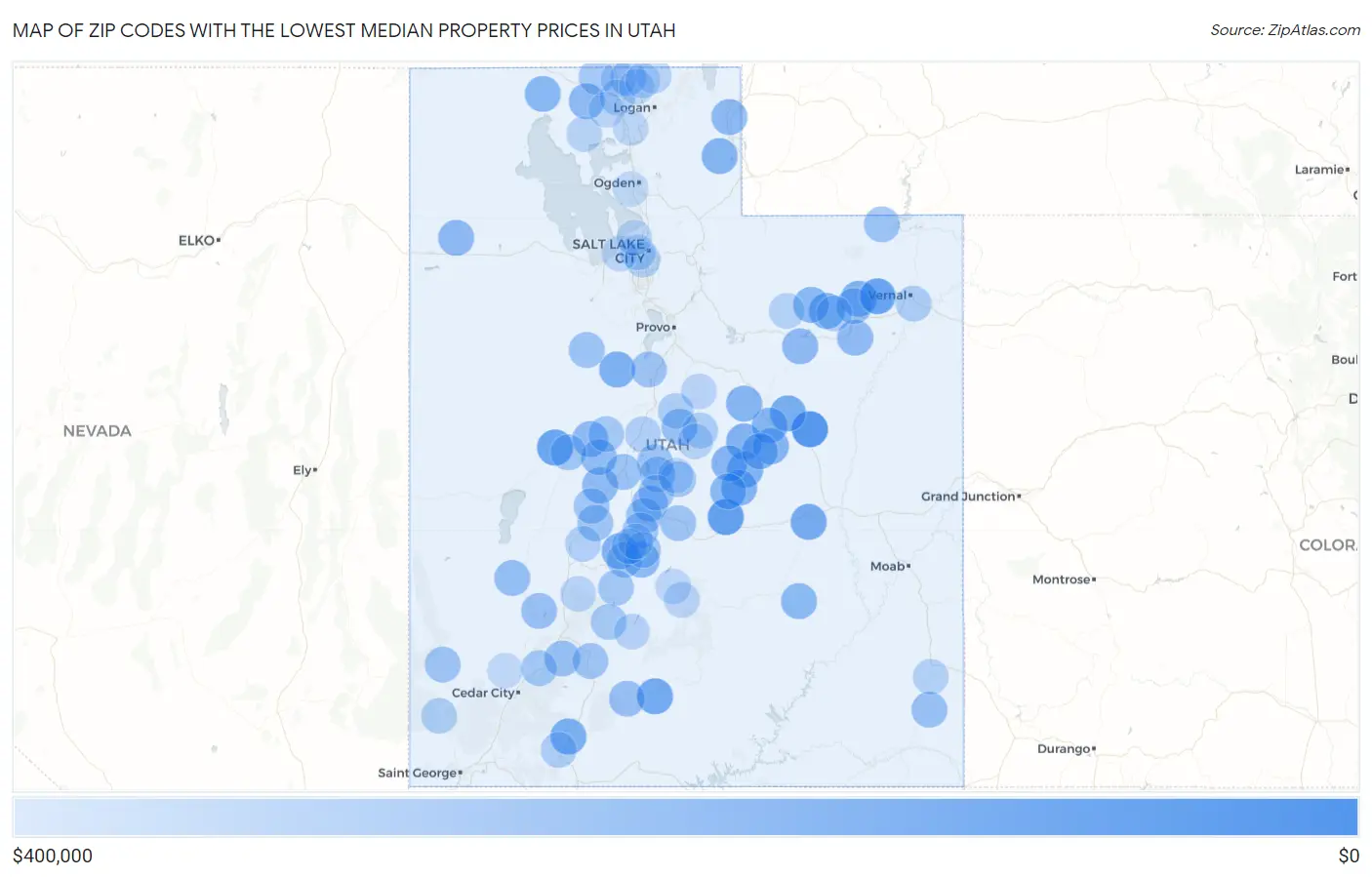 Zip Codes with the Lowest Median Property Prices in Utah Map
