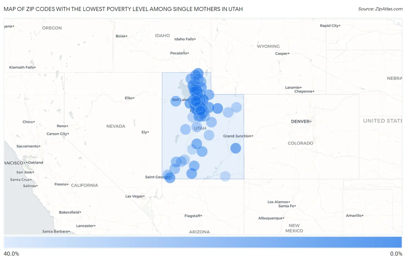 Zip Codes with the Lowest Poverty Level Among Single Mothers in Utah Map