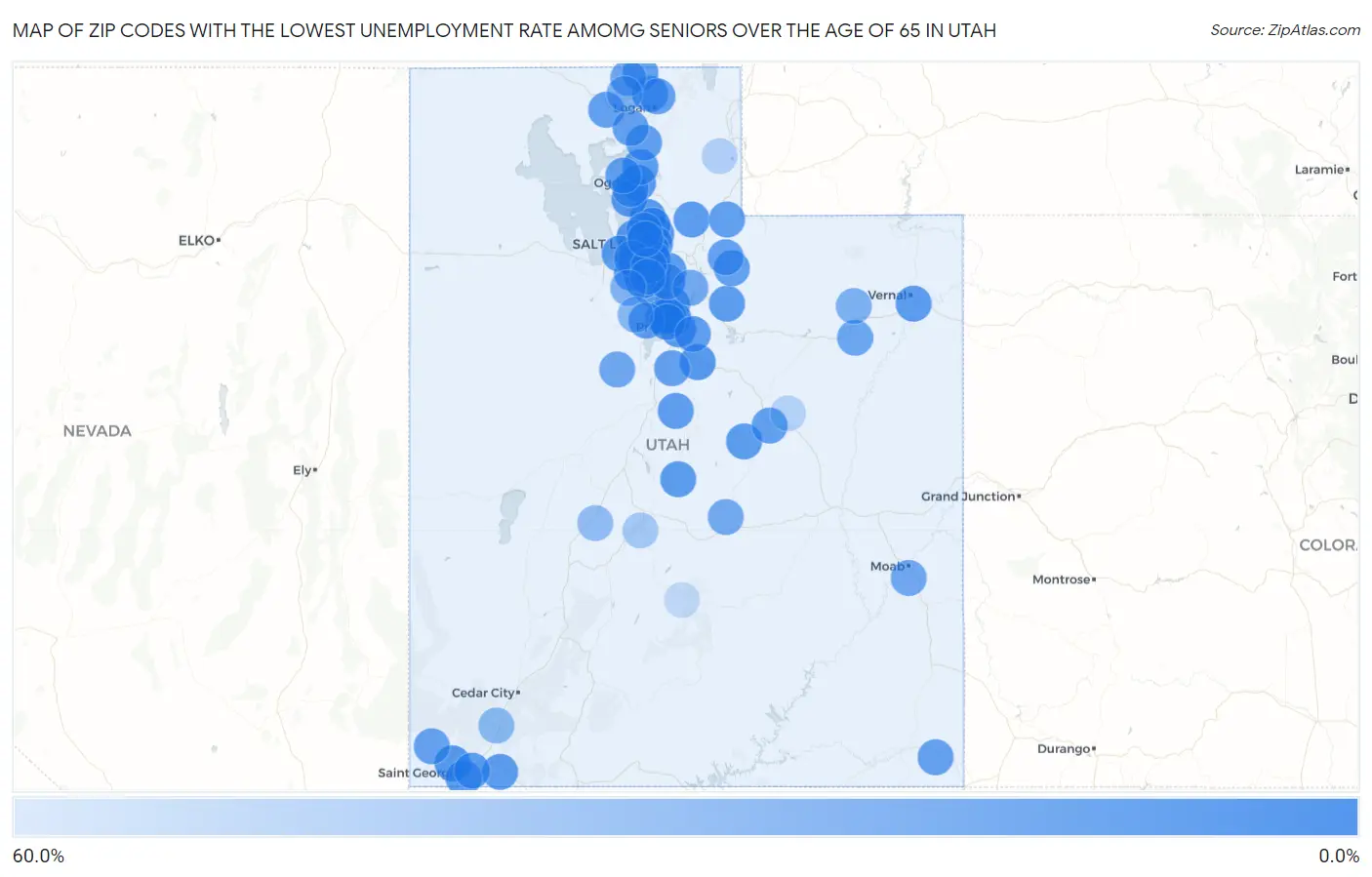 Zip Codes with the Lowest Unemployment Rate Amomg Seniors Over the Age of 65 in Utah Map