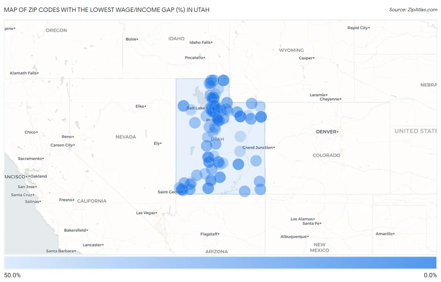 Zip Codes with the Lowest Wage/Income Gap (%) in Utah Map