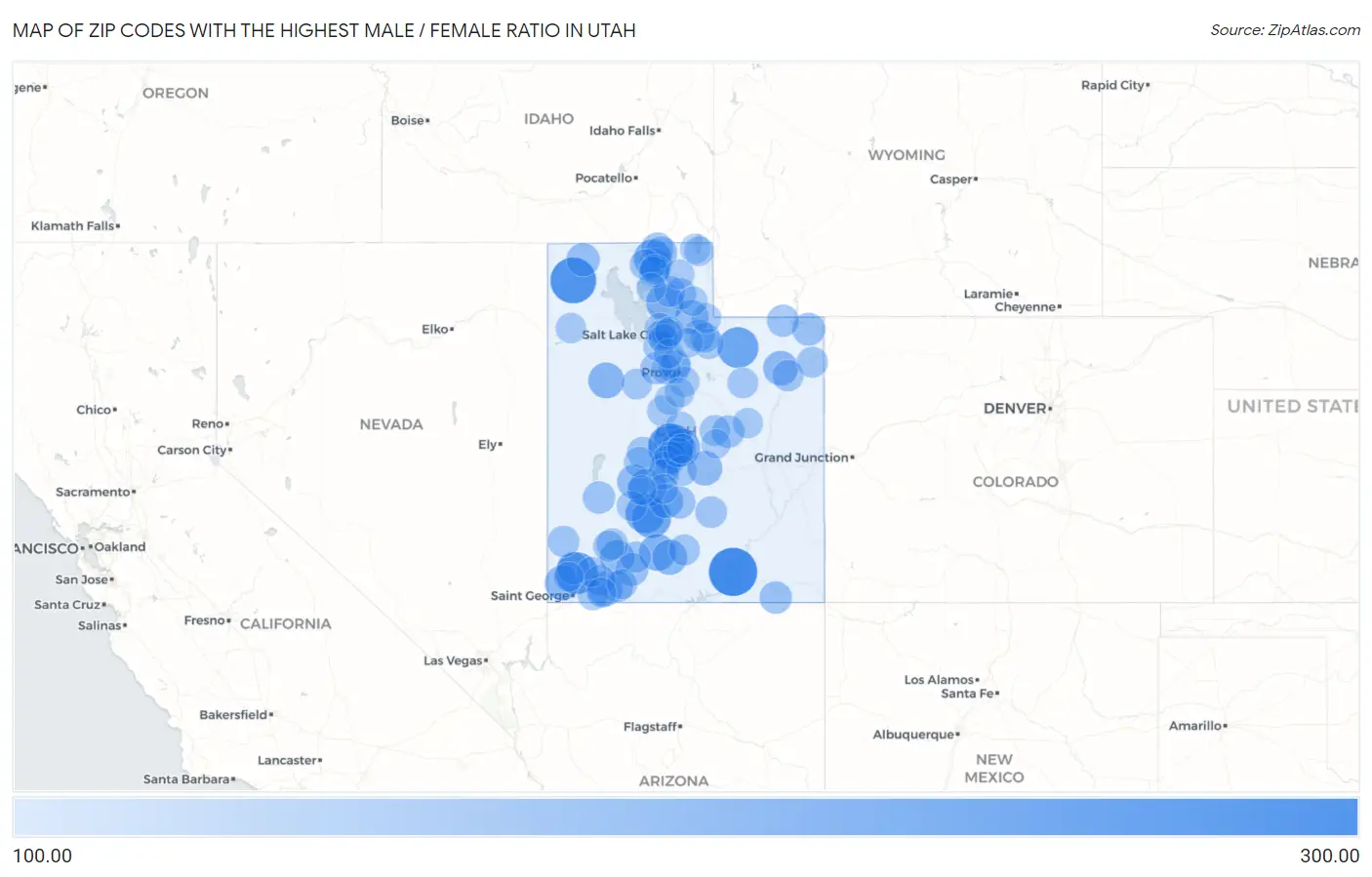 Zip Codes with the Highest Male / Female Ratio in Utah Map