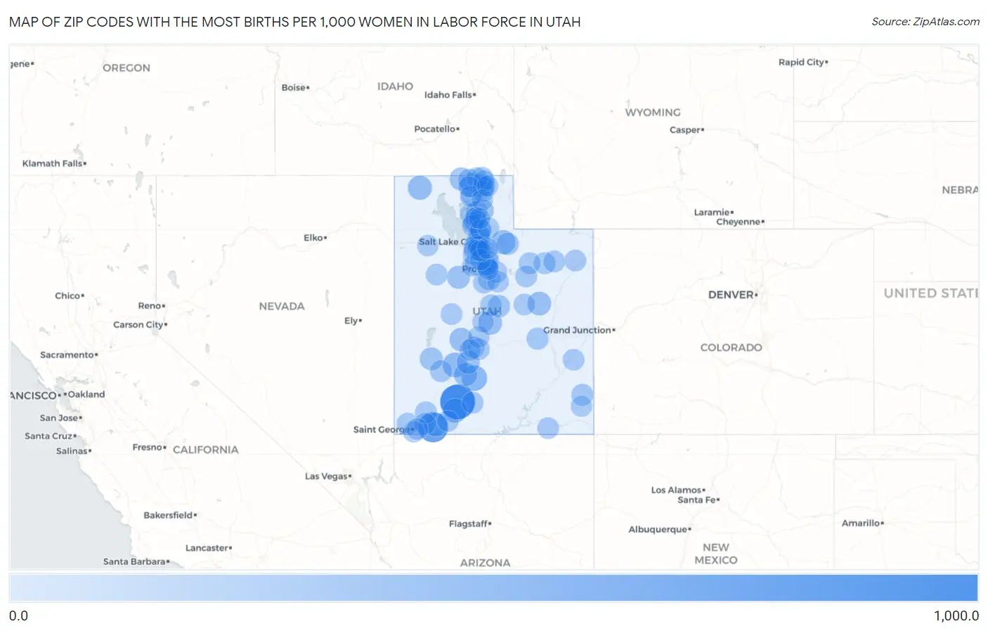 Zip Codes with the Most Births per 1,000 Women in Labor Force in Utah Map