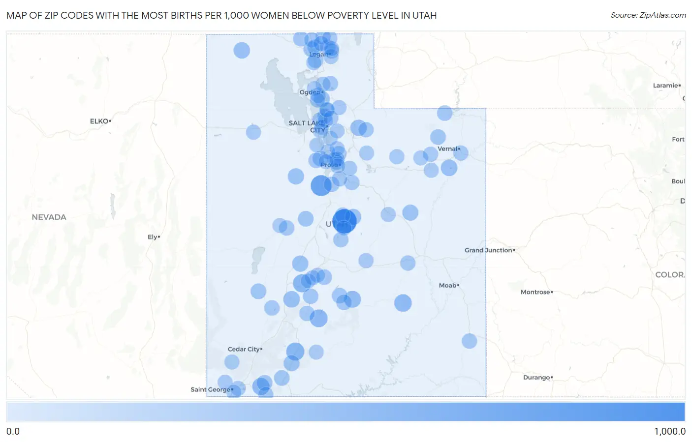 Zip Codes with the Most Births per 1,000 Women Below Poverty Level in Utah Map