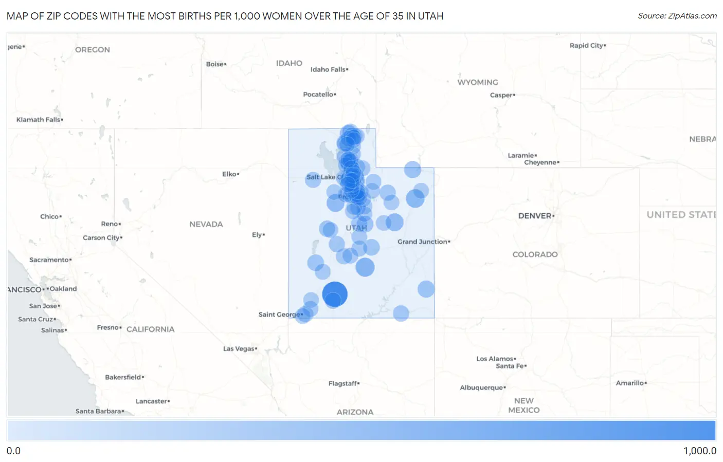 Zip Codes with the Most Births per 1,000 Women Over the Age of 35 in Utah Map
