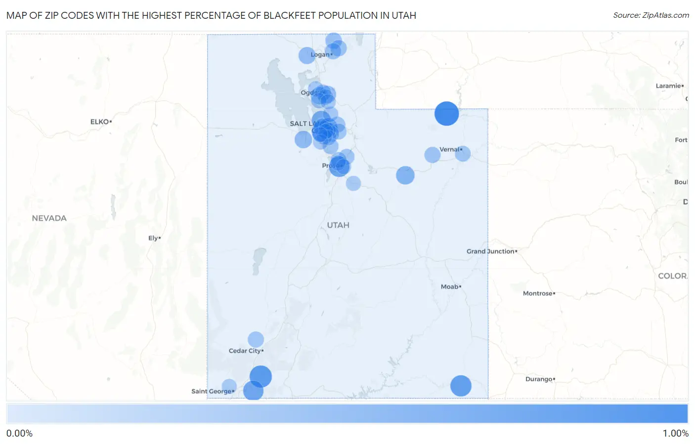 Zip Codes with the Highest Percentage of Blackfeet Population in Utah Map