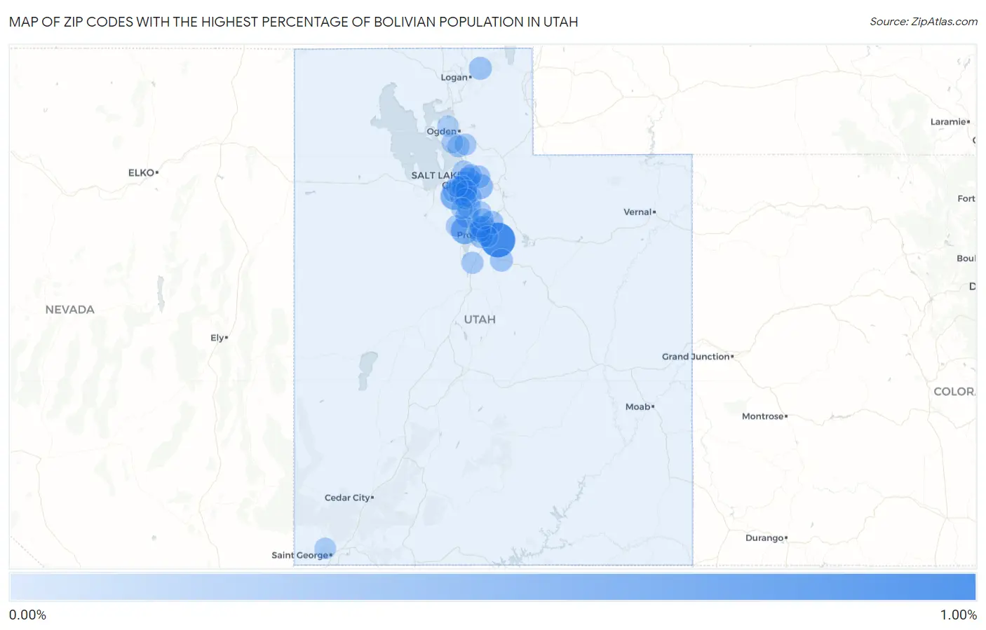 Zip Codes with the Highest Percentage of Bolivian Population in Utah Map