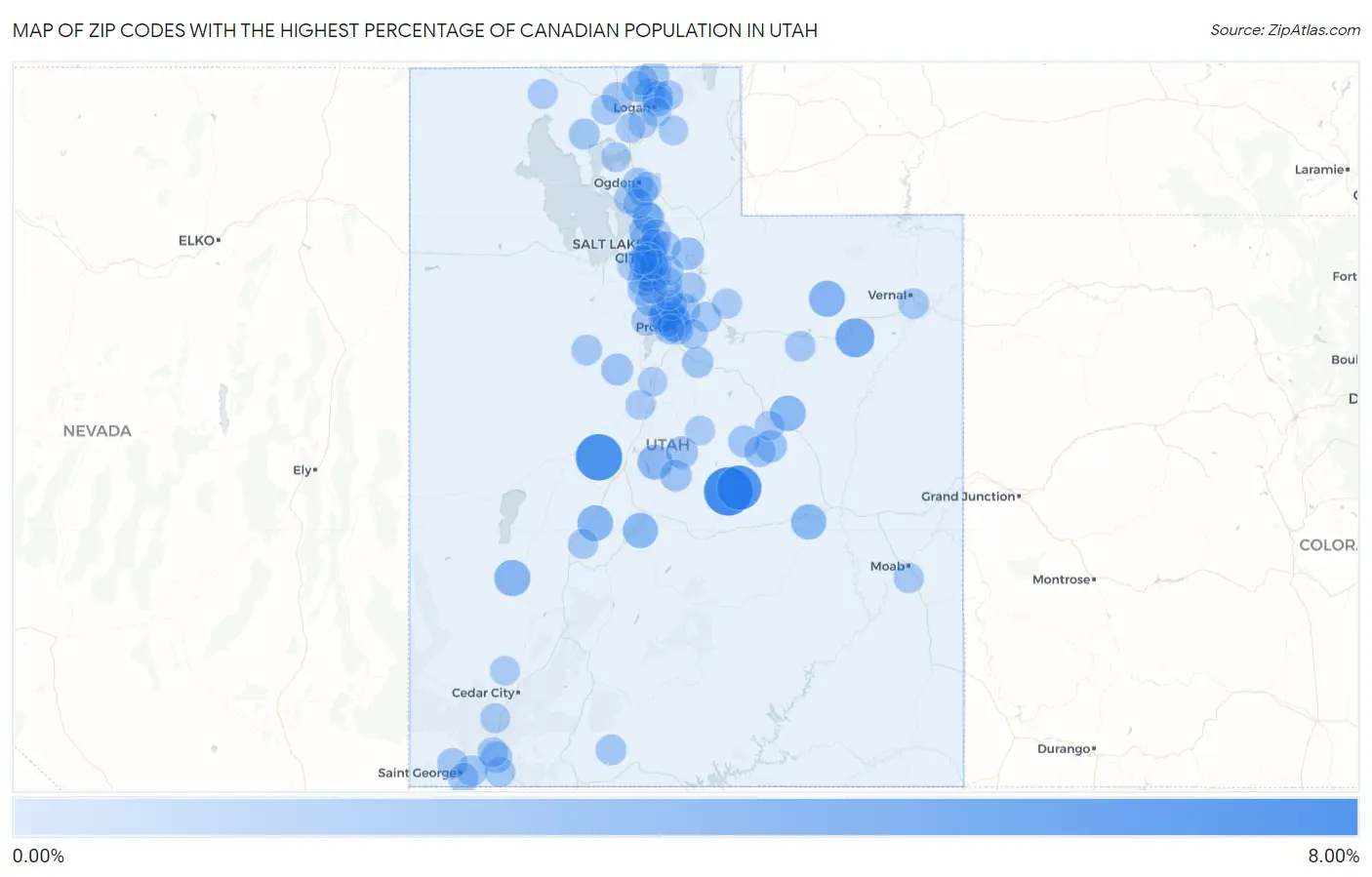 Zip Codes with the Highest Percentage of Canadian Population in Utah Map