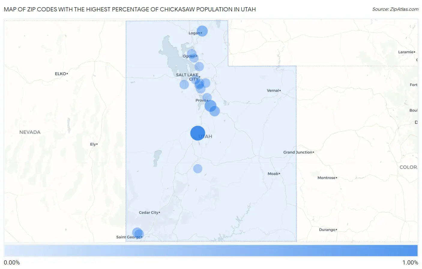 Zip Codes with the Highest Percentage of Chickasaw Population in Utah Map