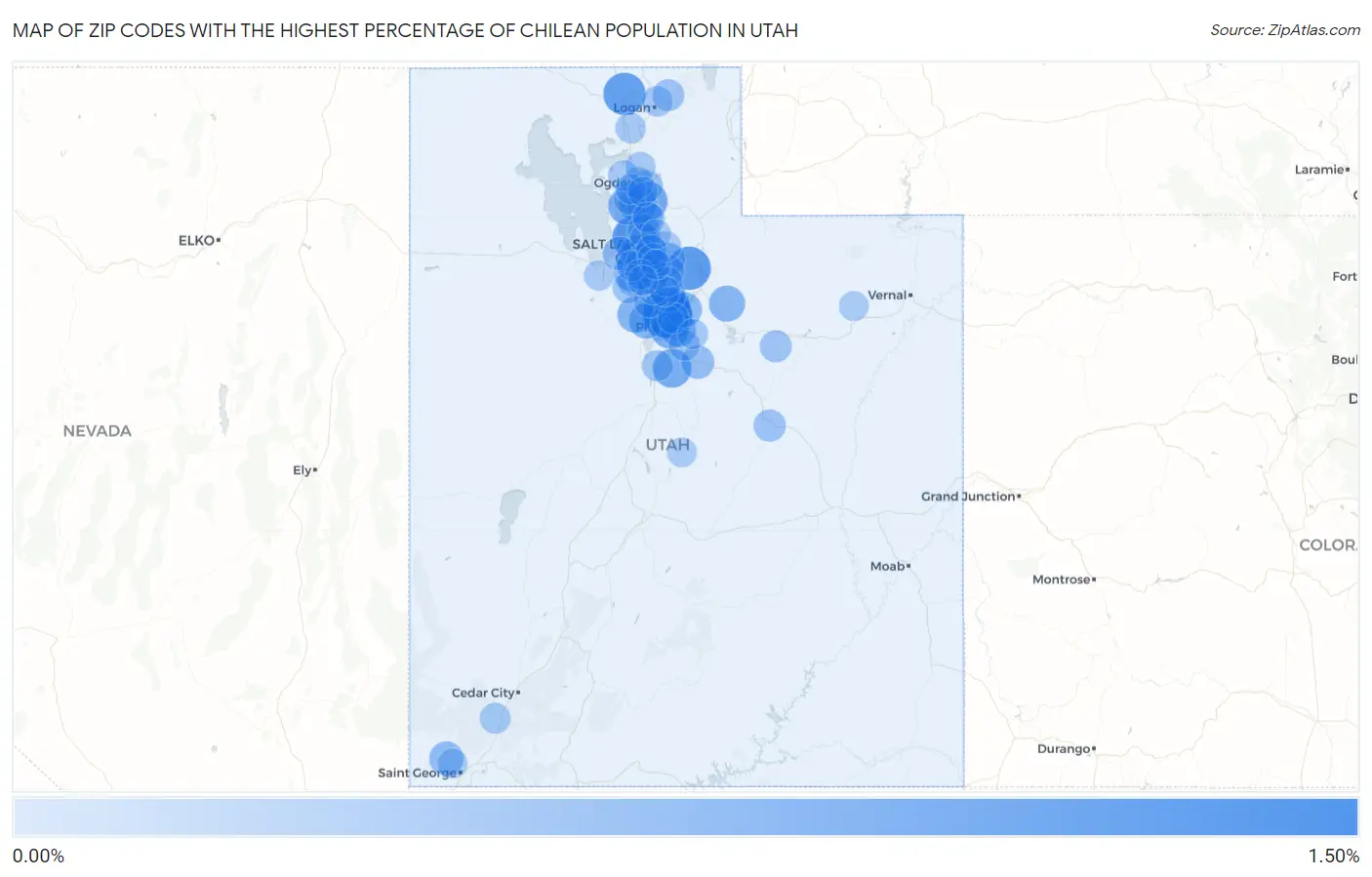 Zip Codes with the Highest Percentage of Chilean Population in Utah Map