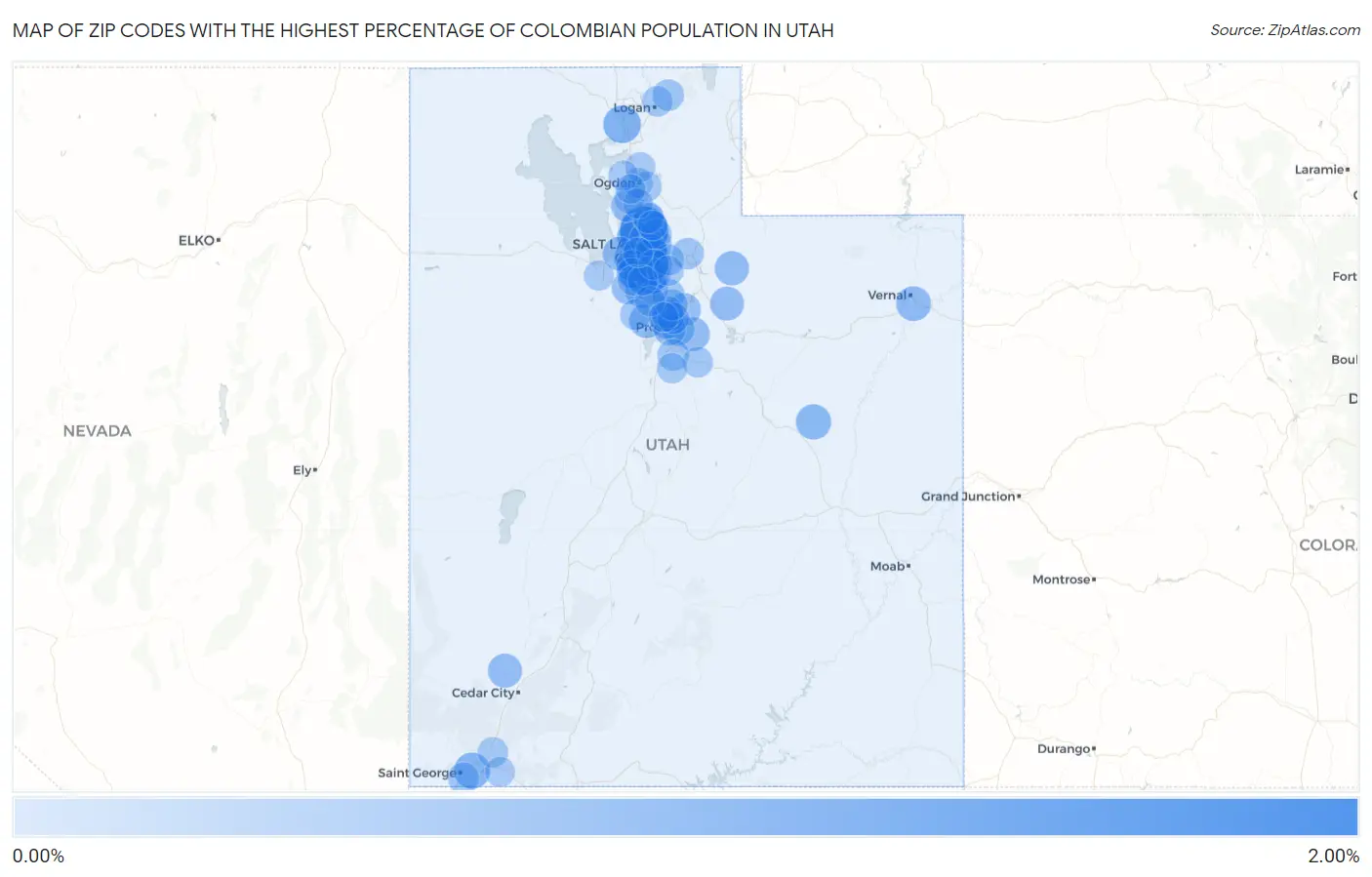 Zip Codes with the Highest Percentage of Colombian Population in Utah Map
