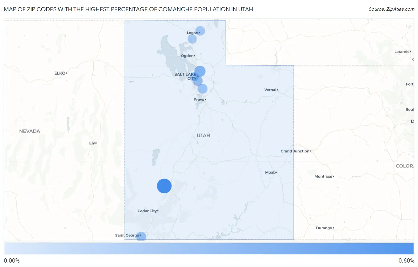 Zip Codes with the Highest Percentage of Comanche Population in Utah Map