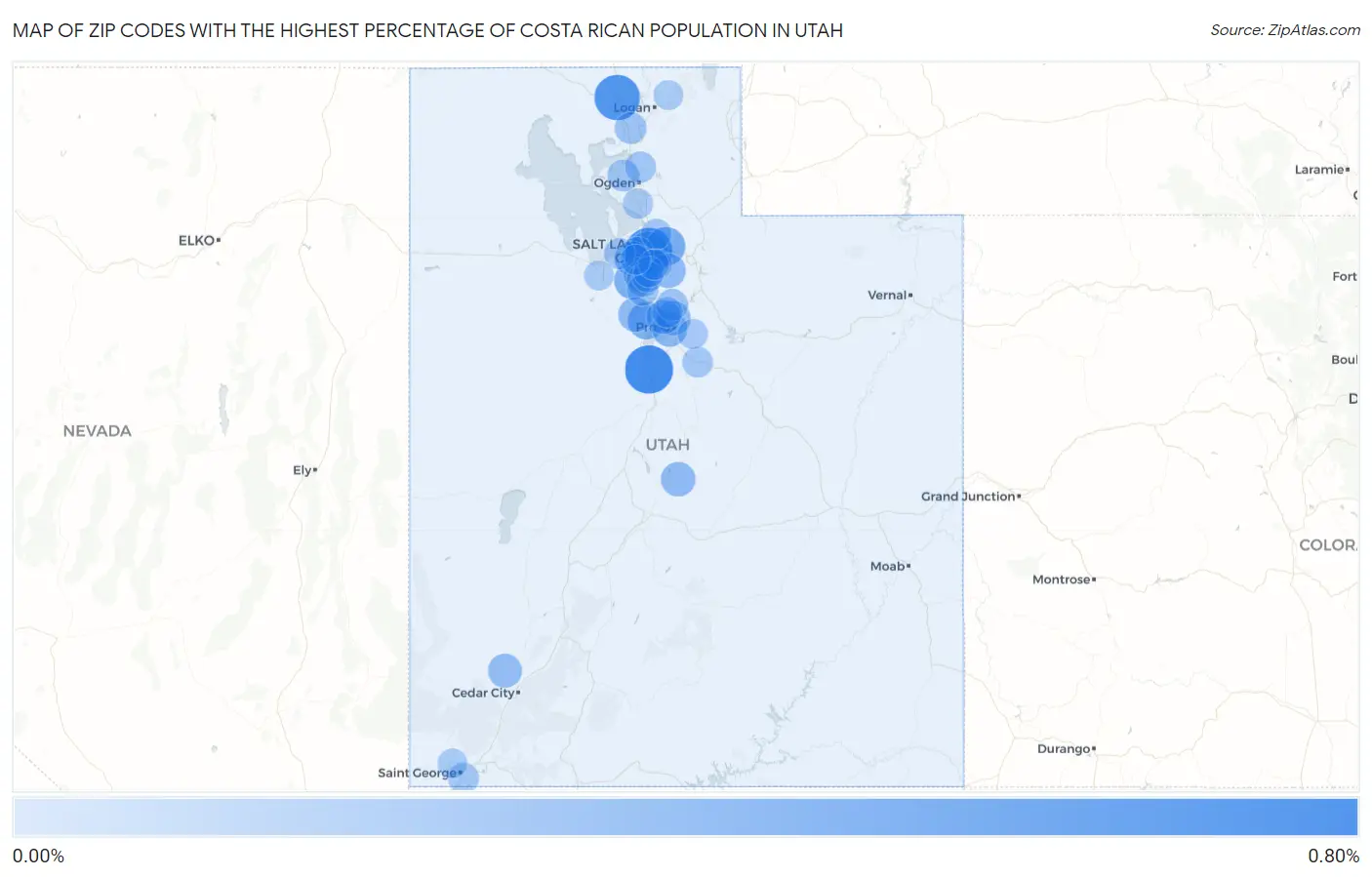 Zip Codes with the Highest Percentage of Costa Rican Population in Utah Map
