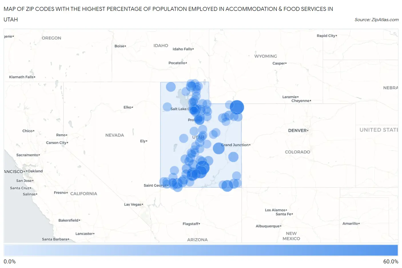 Zip Codes with the Highest Percentage of Population Employed in Accommodation & Food Services in Utah Map