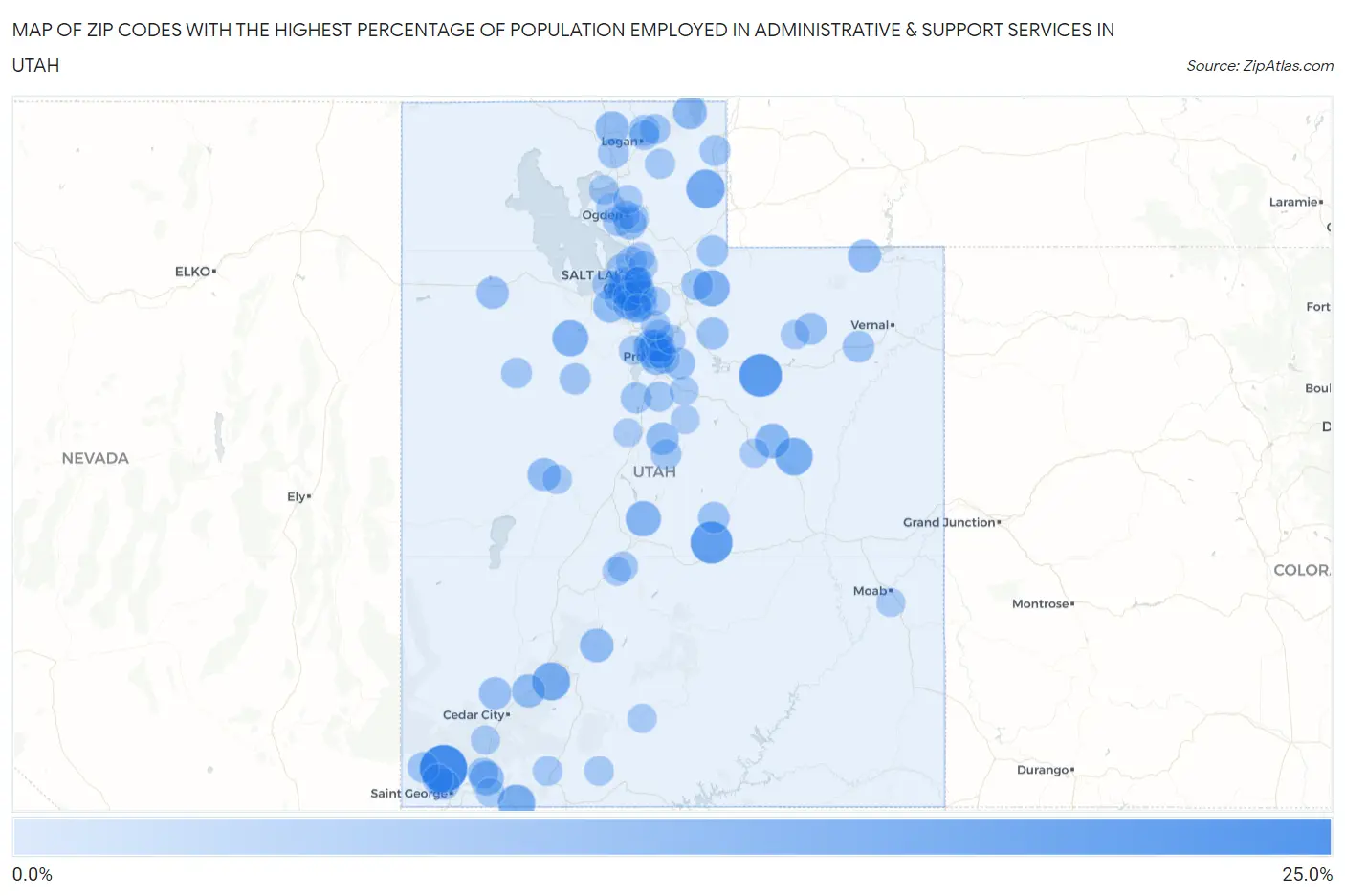 Zip Codes with the Highest Percentage of Population Employed in Administrative & Support Services in Utah Map
