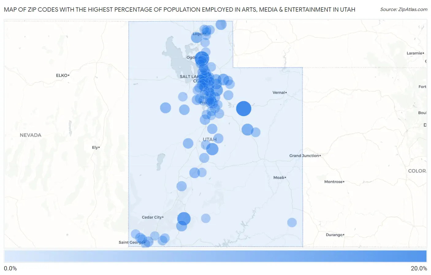 Zip Codes with the Highest Percentage of Population Employed in Arts, Media & Entertainment in Utah Map