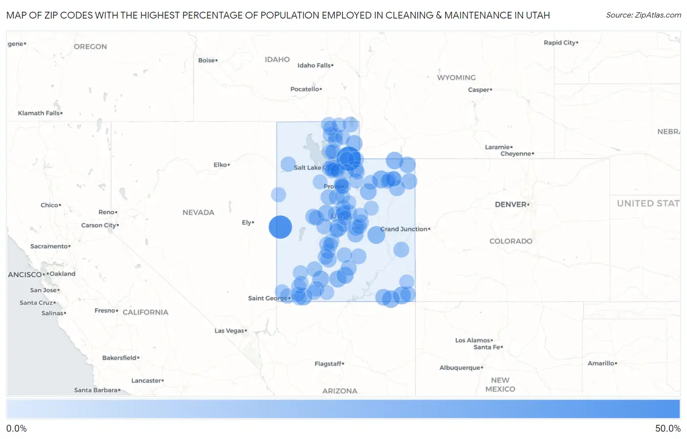 Zip Codes with the Highest Percentage of Population Employed in Cleaning & Maintenance in Utah Map