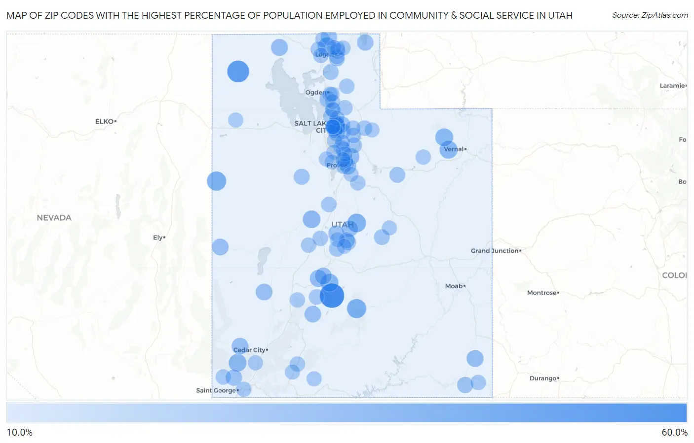 Zip Codes with the Highest Percentage of Population Employed in Community & Social Service  in Utah Map