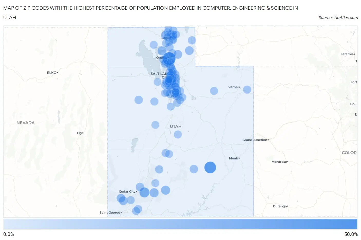 Zip Codes with the Highest Percentage of Population Employed in Computer, Engineering & Science in Utah Map