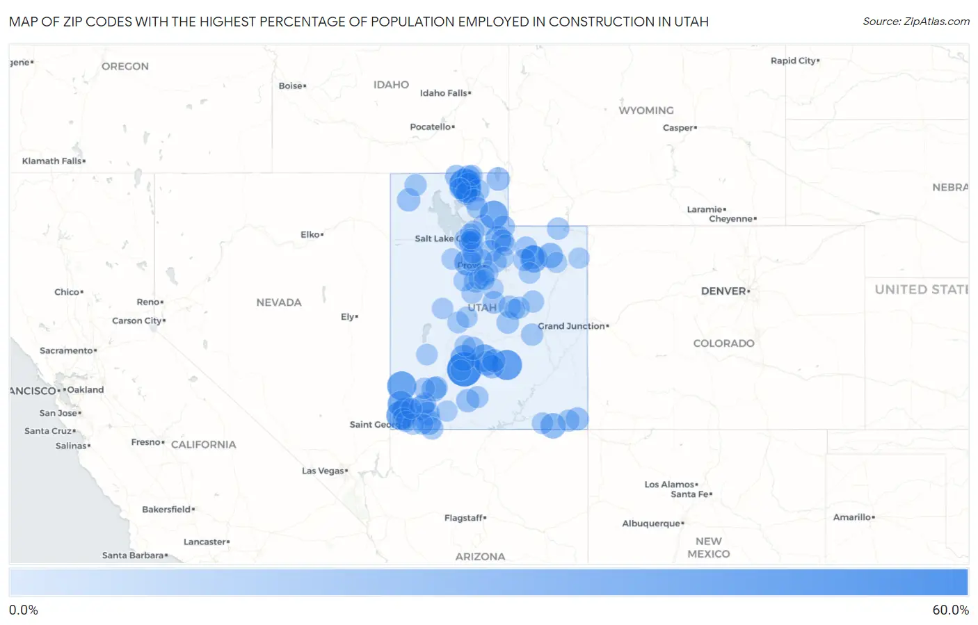 Zip Codes with the Highest Percentage of Population Employed in Construction in Utah Map