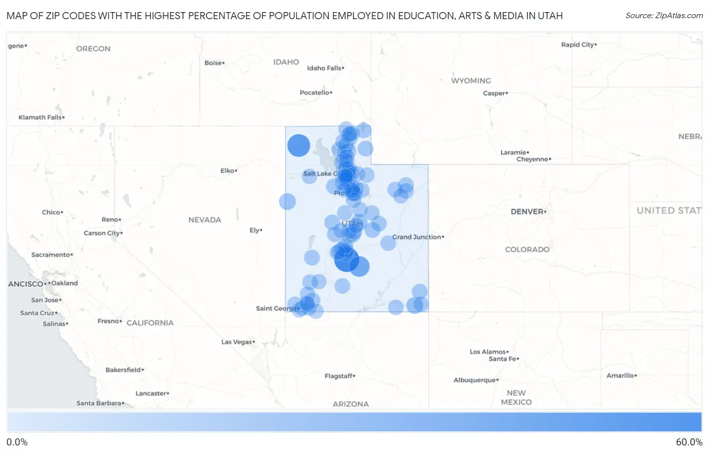 Zip Codes with the Highest Percentage of Population Employed in Education, Arts & Media in Utah Map