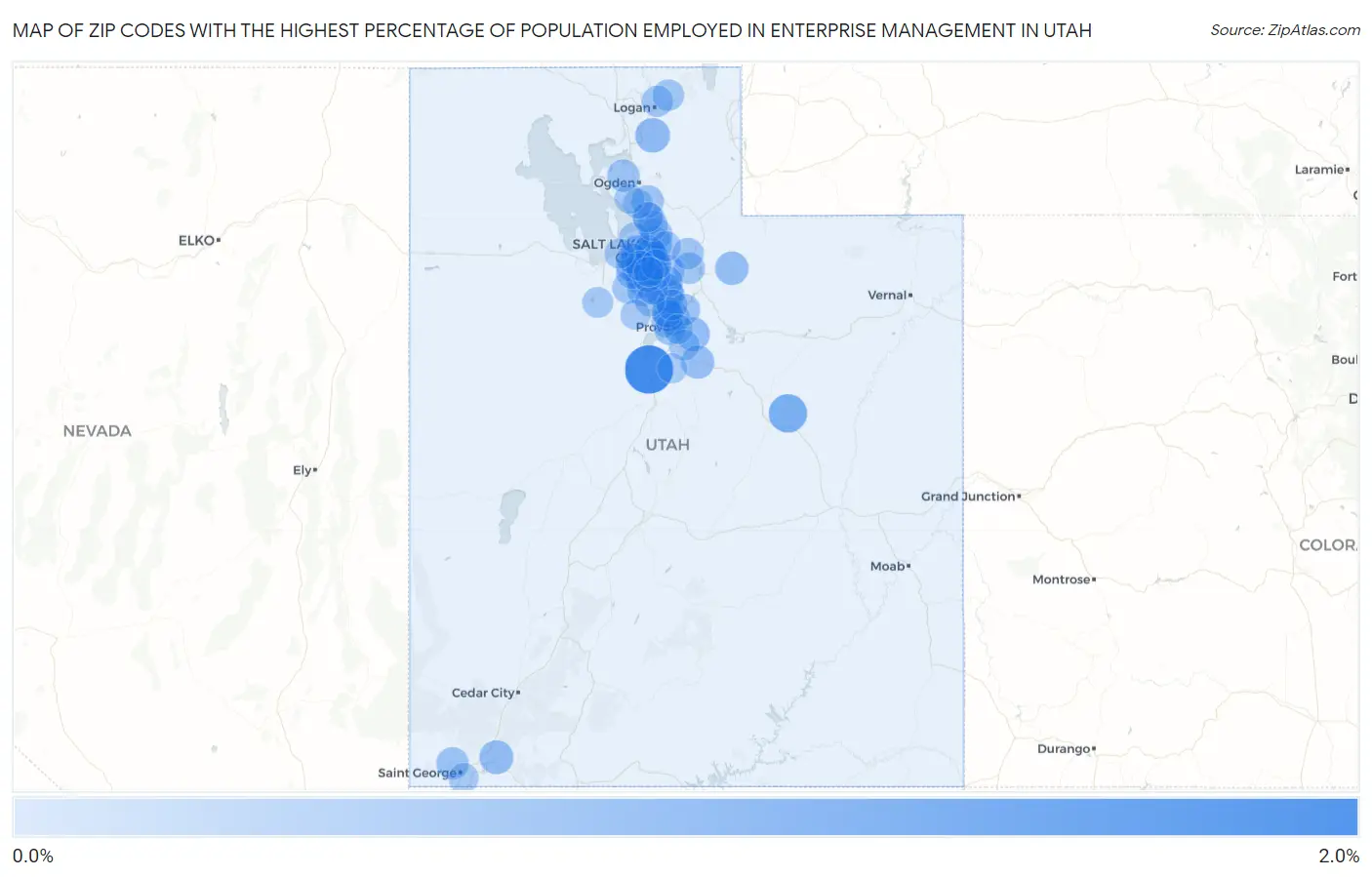 Zip Codes with the Highest Percentage of Population Employed in Enterprise Management in Utah Map