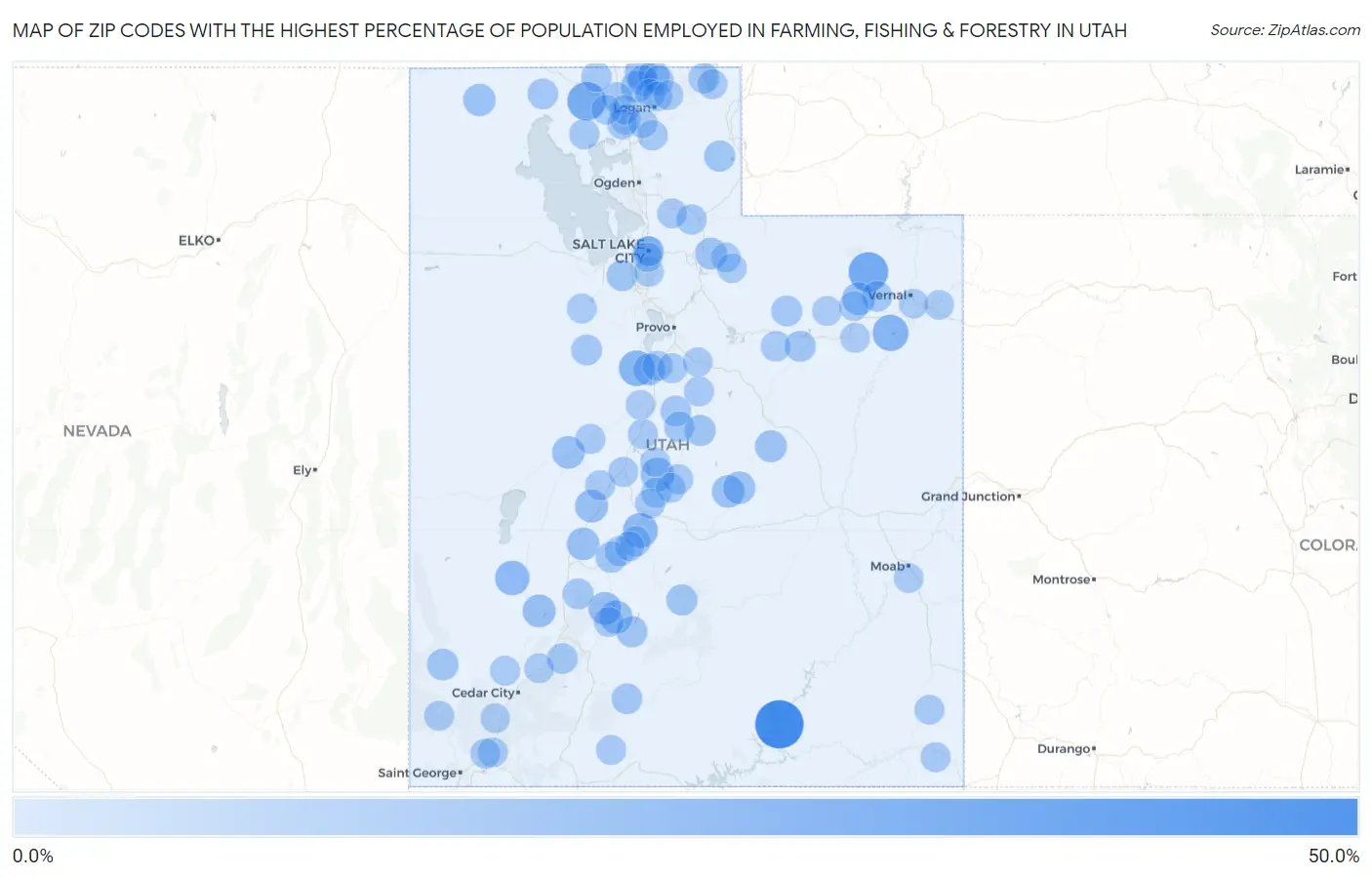 Zip Codes with the Highest Percentage of Population Employed in Farming, Fishing & Forestry in Utah Map