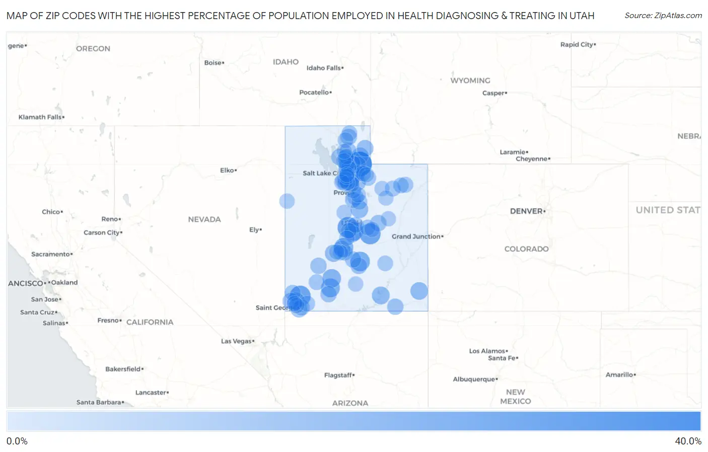 Zip Codes with the Highest Percentage of Population Employed in Health Diagnosing & Treating in Utah Map
