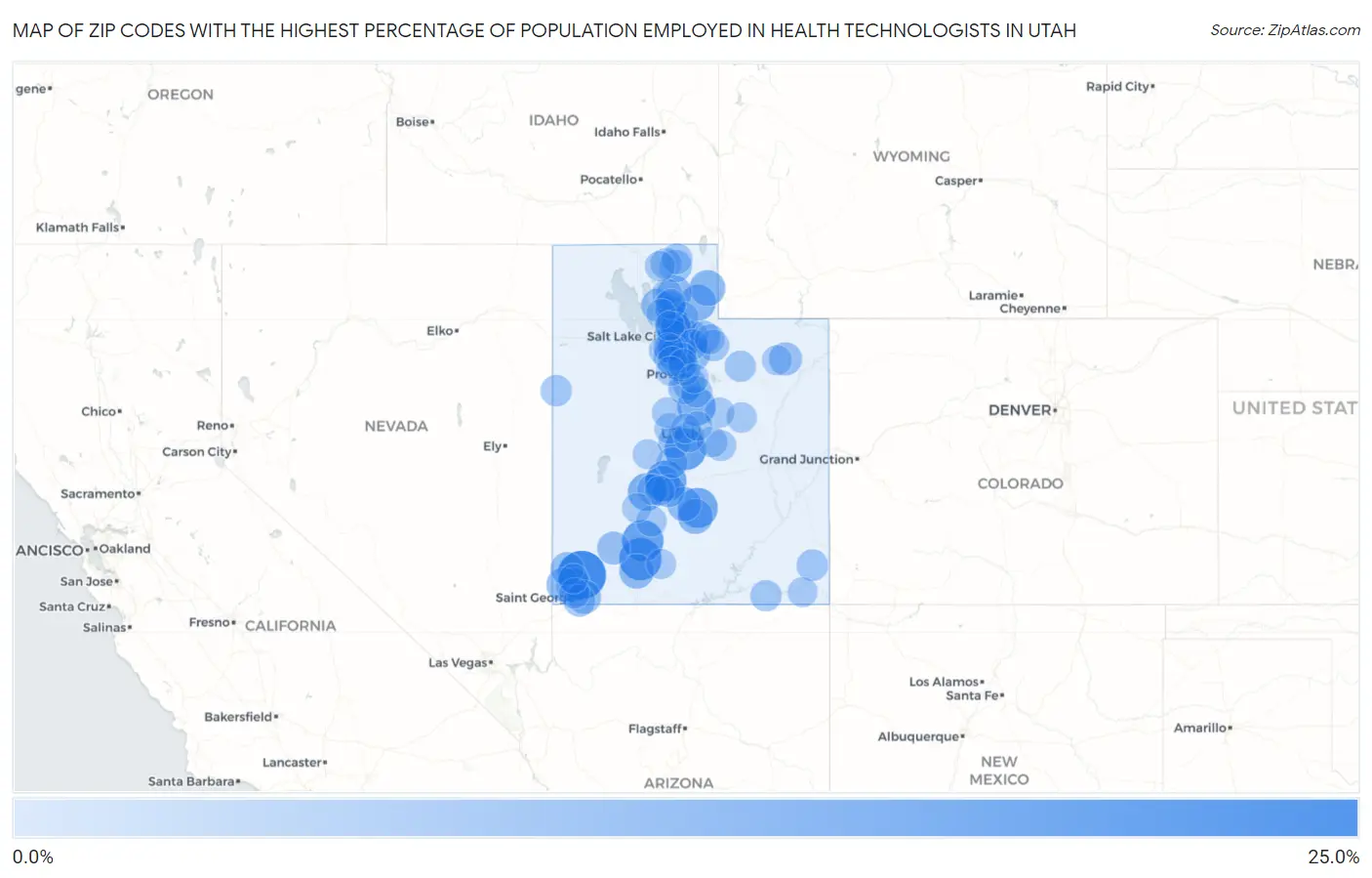 Zip Codes with the Highest Percentage of Population Employed in Health Technologists in Utah Map