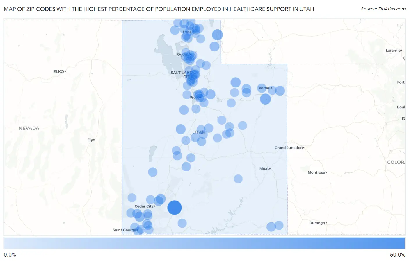 Zip Codes with the Highest Percentage of Population Employed in Healthcare Support in Utah Map