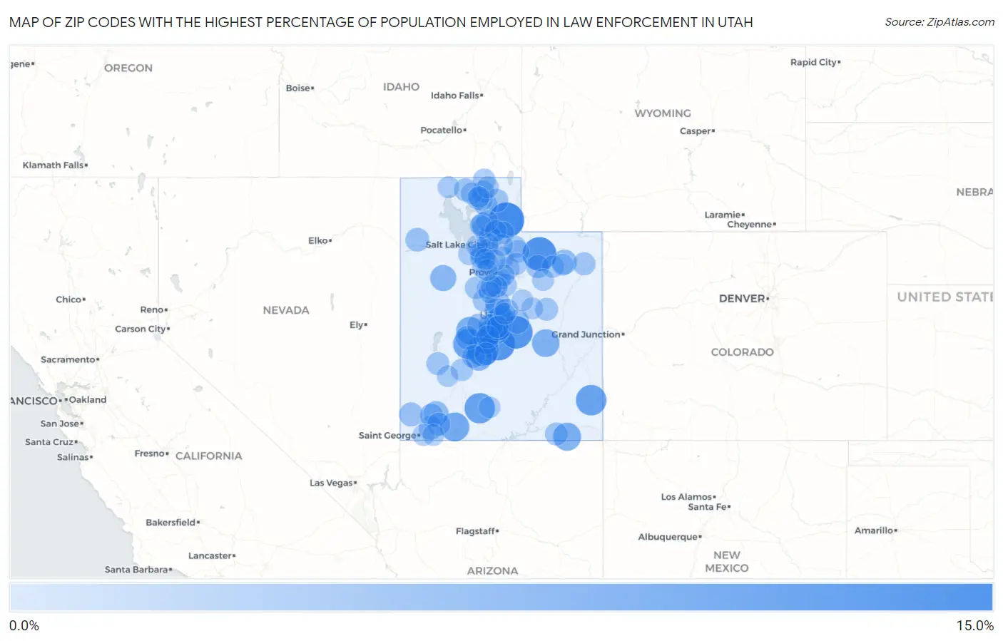 Zip Codes with the Highest Percentage of Population Employed in Law Enforcement in Utah Map