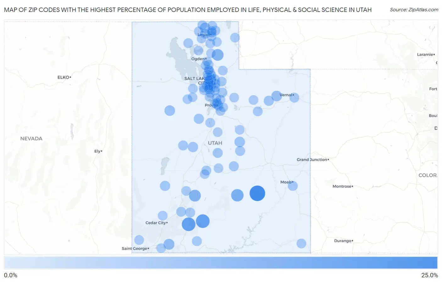 Zip Codes with the Highest Percentage of Population Employed in Life, Physical & Social Science in Utah Map